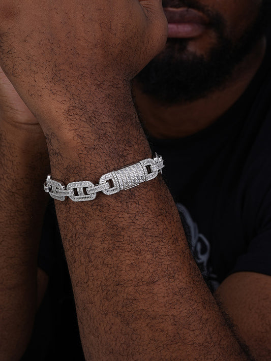 Baguette Gucci Link Bracelet Iced Out CZ Stones - 925 Silver - 15mm - 7"-8.5"