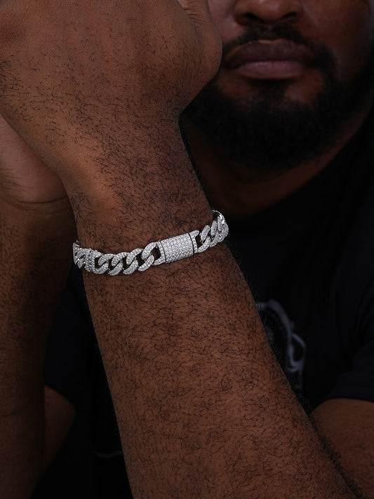 Old School Figarucci Cuban Link Bracelet Iced Out CZ Stones - 925 Silver - 13mm - 7-8.5"