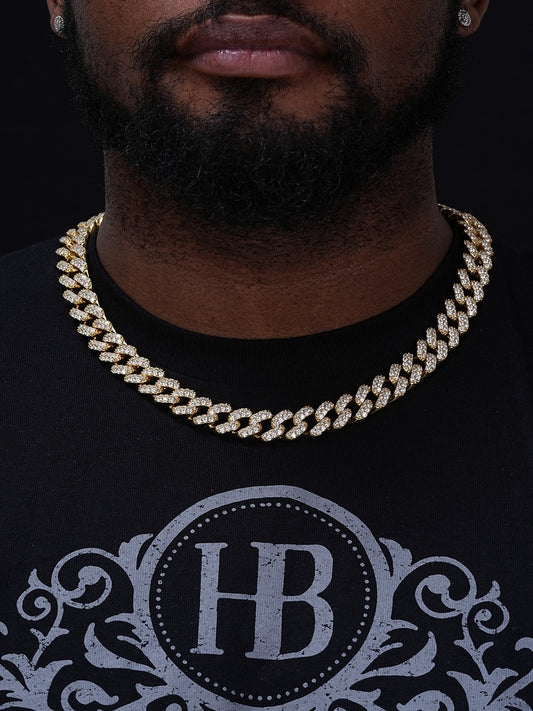 Mens Cuban Miami Link 15mm Chain 14k Yellow Gold Over Solid 925 Silver Diamonds