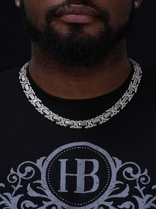 Byzantine Link Chain Necklace Iced Out CZ Stones - 925 Silver - 14mm - 18"-30"