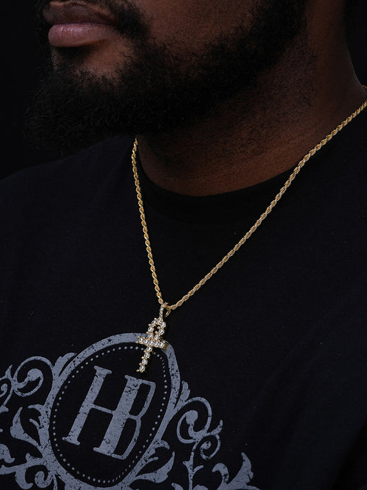 Tennis Hip Hop Ankh Cross Pendant - 14k Gold Vermeil Or 925 Silver - CZ Stones - Medium 2"