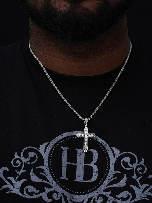 Real Solid 925 Silver Icy Channel Set Tennis Cross CZ W. Chain Men's ICED