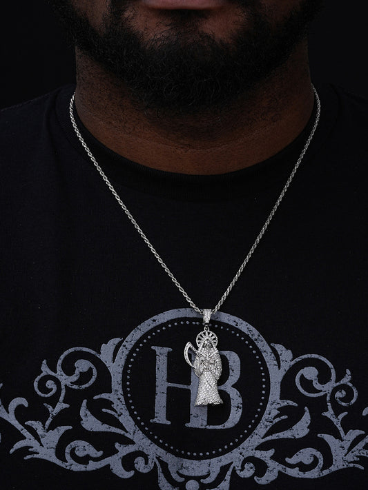 Santa Muerte Grim Reaper Iced Out Pendant - 14k Gold Vermeil Or 925 Silver - CZ Stones - Large 2.5"