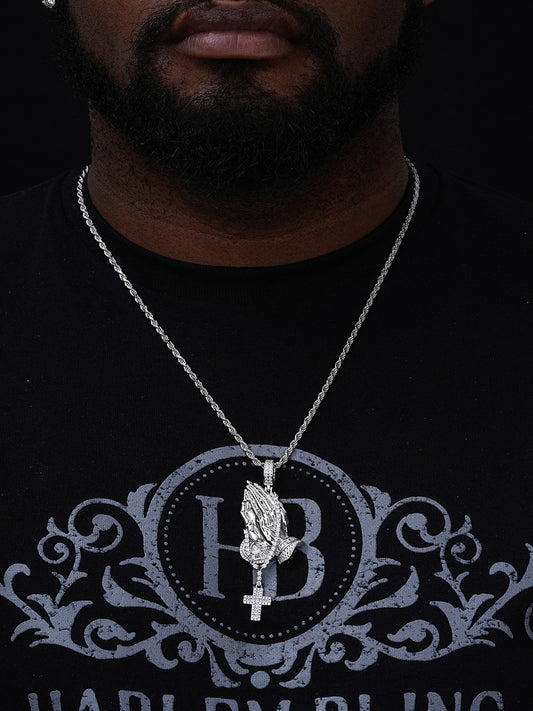 Praying Hands Cross Hip Hop Pendant - 14k Gold Vermeil Or 925 Silver - CZ Stones - Large 3.5"