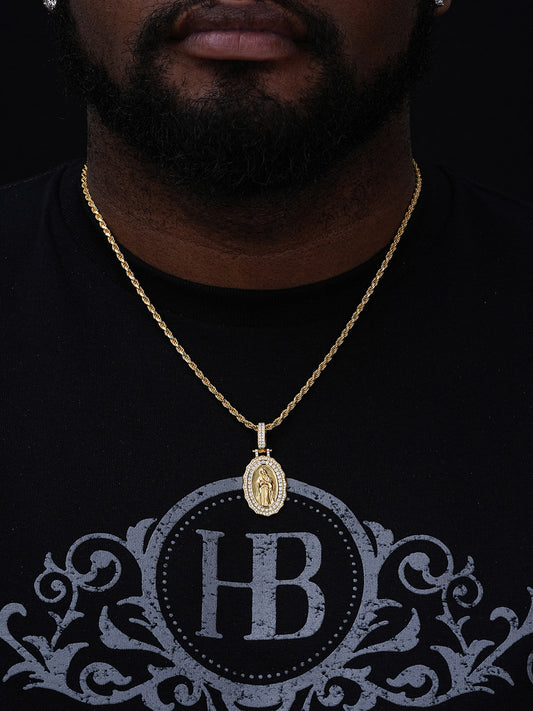 Real 925 Sterling Silver - Virgin Mary Necklace Pendant Iced Baguette Medallion