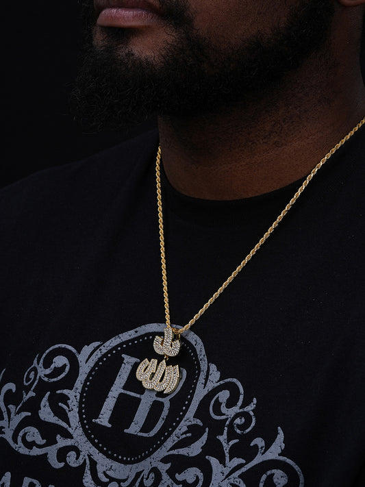 Allah Arabic Iced Diamond Baguette Pendant - 14k Gold Vermeil Or 925 Silver - CZ Stones - Medium 1.75"