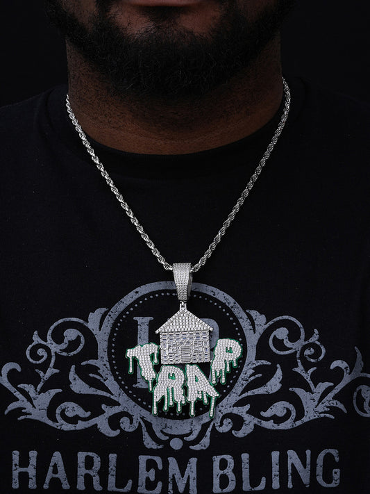 Glow In Dark HOUSE TRAP Hip Hop Pendant - 14k Gold Vermeil Or 925 Silver - CZ Stones - Huge 4"
