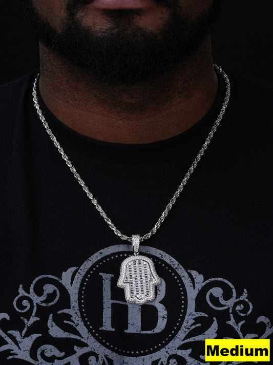 Hamsa Hand Iced Baguette Pendant - 925 Silver - CZ Stones - 3 Sizes 1.25"-3.25"