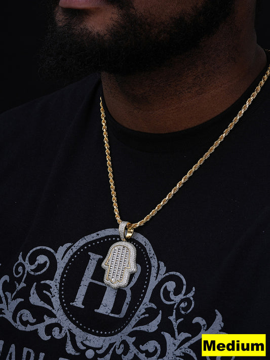 Hamsa Hand Iced Baguette Pendant - 14k Gold Vermeil 925 Silver - CZ Stones - 3 Sizes 1.25"-3.25"