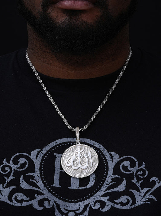 MOISSANITE Allah Medallion Arabic Iced Out Pendant - 14k Gold Vermeil Or 925 Silver - Large 2.75"