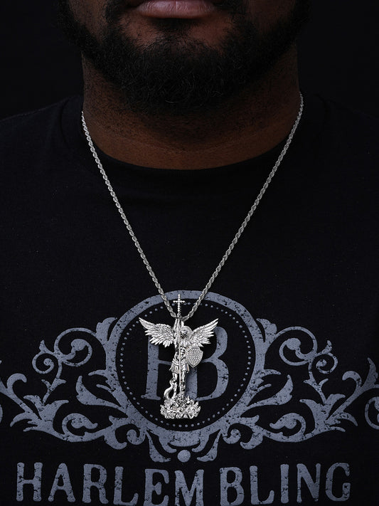 MOISSANITE Saint St Michael Slaying Dragon Archangel Pendant - 925 Silver - 3 Sizes 1"-3"