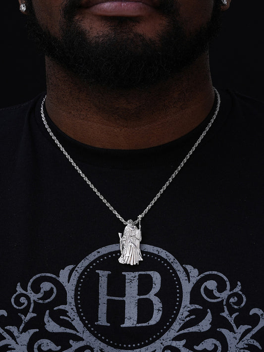 MOISSANITE Santa Muerte Grim Reaper Pendant W. AK47 - 14k Yellow Gold Vermeil Or 925 Silver - Medium 2"