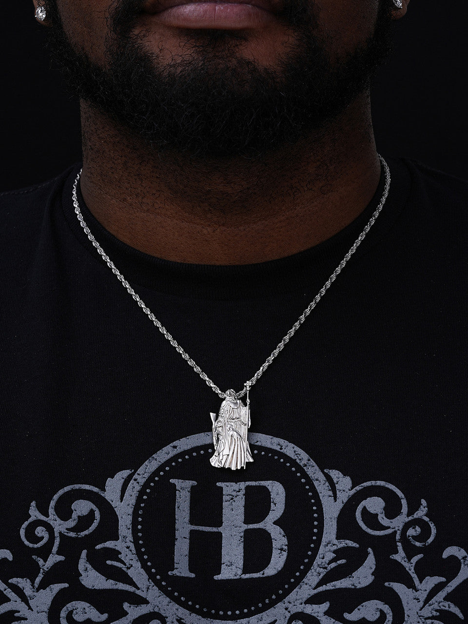 MOISSANITE Santa Muerte Grim Reaper Pendant W. AK47 - Sandblasted Matte Finish 14k Yellow Gold Vermeil Or 925 Silver - Medium 2"