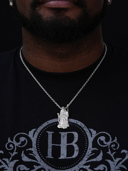 MOISSANITE Santa Muerte Grim Reaper Pendant W. AK47 - Sandblasted Matte Finish 14k Yellow Gold Vermeil Or 925 Silver - Medium 2"