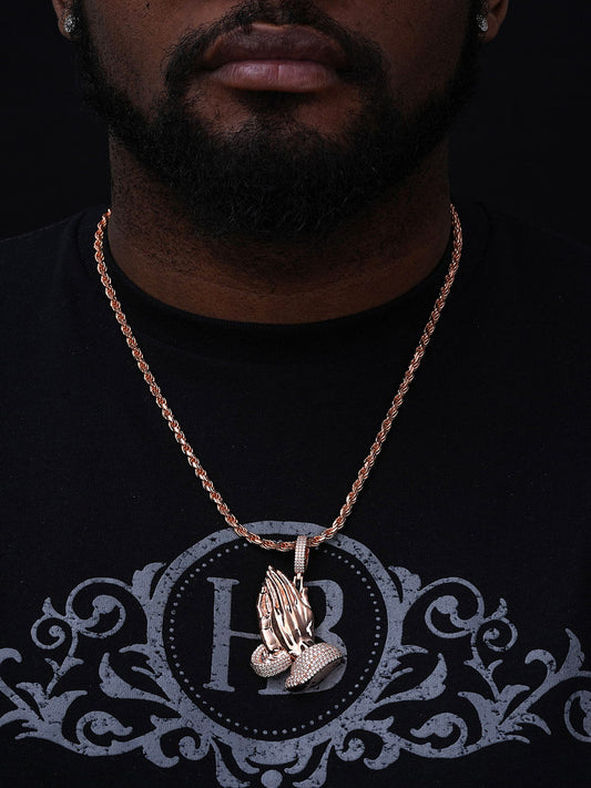 MOISSANITE Praying Folded Hands Religious Pendant - 14k Rose Gold Vermeil 925 Silver - 3 Sizes 1.25"-2.75"