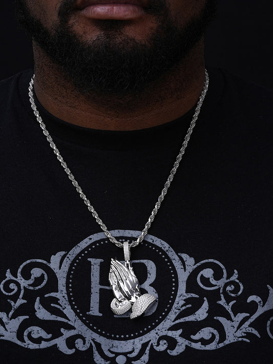 MOISSANITE Praying Folded Hands Religious Pendant - 925 Silver - 3 Sizes 1.25"-2.75"