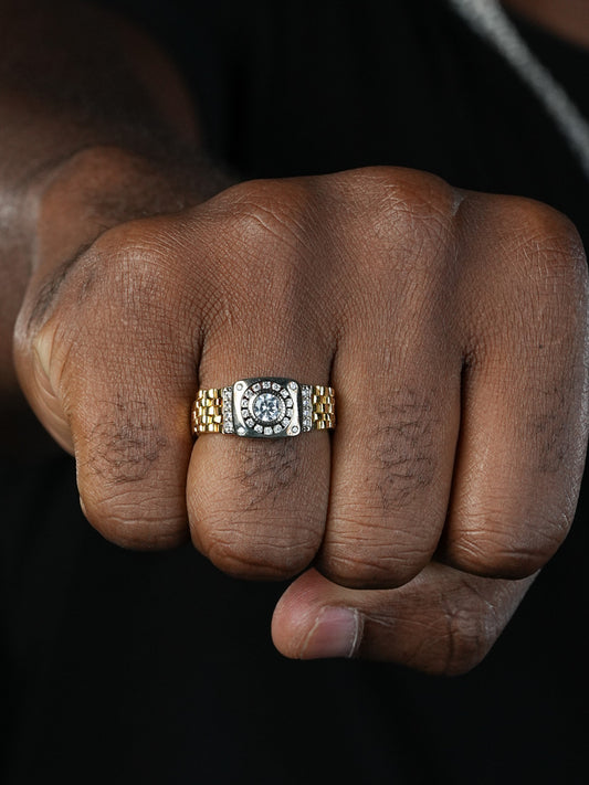 Flexible Rolex Band Ring - 14k Gold Vermeil 925 Silver Two Tone - CZ Stones