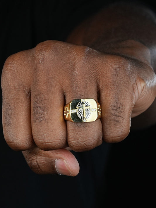 Rays Of God Classic Cross Ring -  14k Gold Vermeil 925 Silver Two Tone - CZ Stones