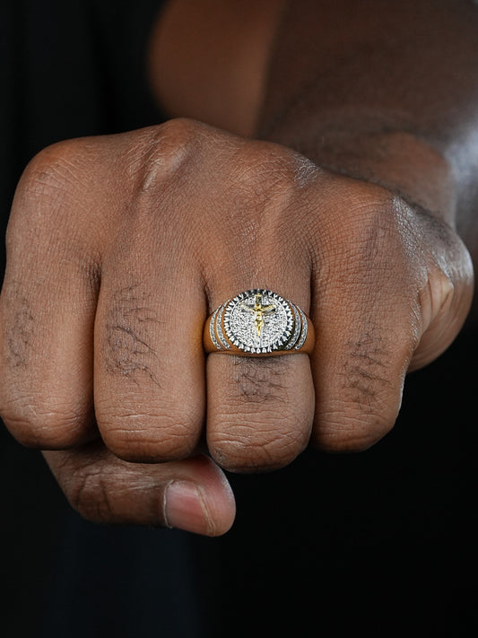Cross Coin Ring - 925 Silver & Gold Accent  - CZ Stones
