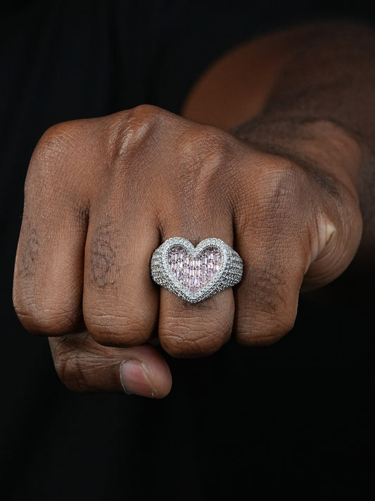 Pink Heart Iced Out Ring - 925 Silver - Pink Baguette & Round CZ Stones