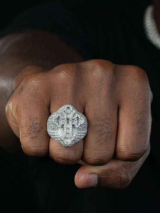 MOISSANITE Gothic Tupac Cross Baguette Iced Out Ring - 925 Silver