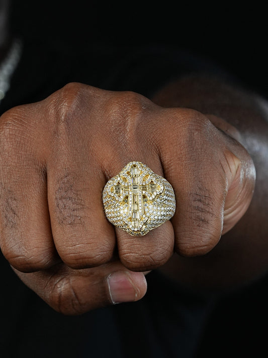 MOISSANITE Gothic Tupac Cross Baguette Iced Out Ring - 14k Gold Vermeil 925 Silver