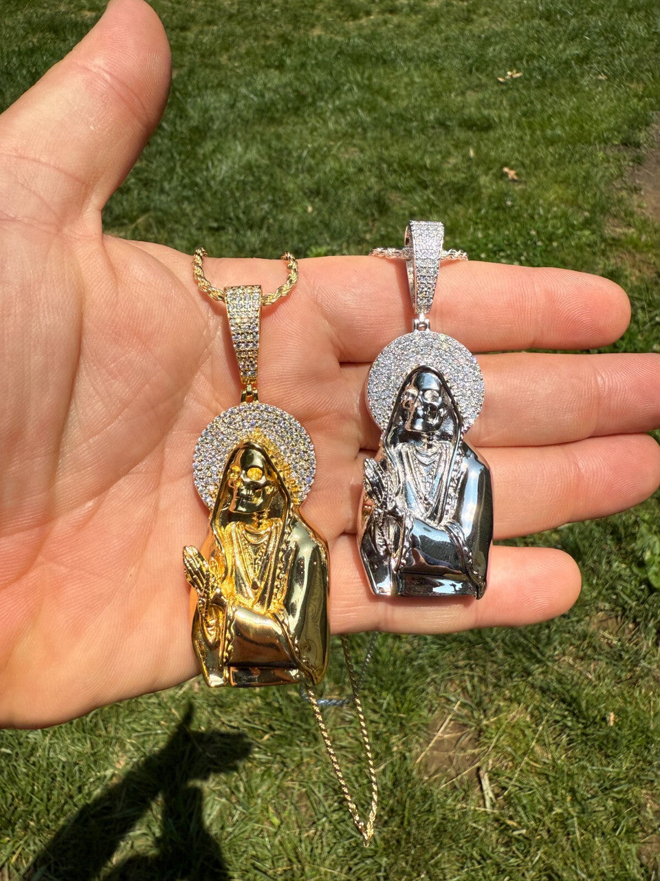 Large MOISSANITE Real 925 Silver / Gold Santa Muerte Grim Reaper Praying Pendant Imported from eBay HarlemBling