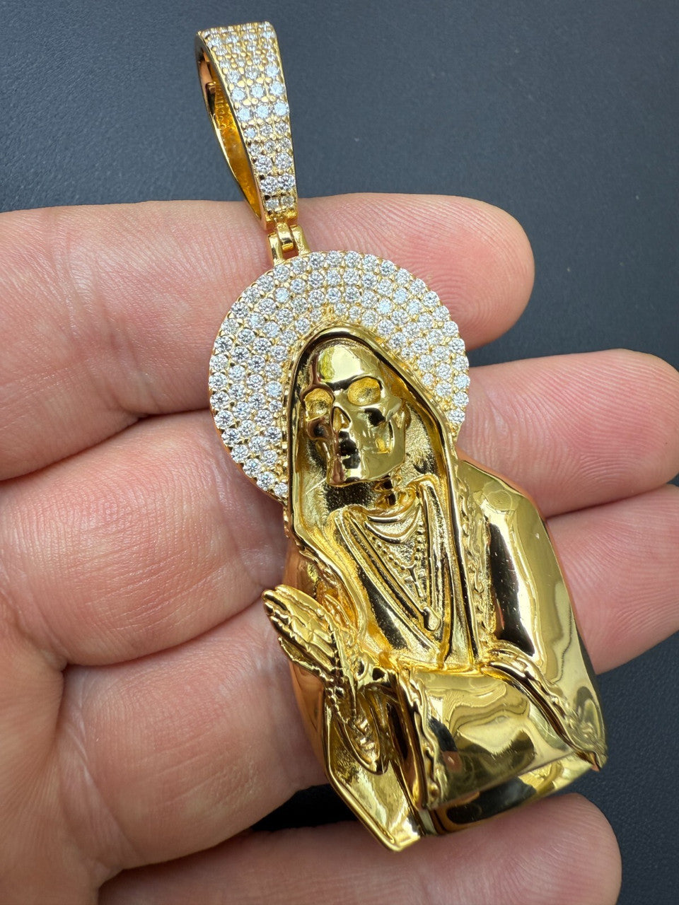 Large MOISSANITE Real 925 Silver / Gold Santa Muerte Grim Reaper Praying Pendant Imported from eBay HarlemBling
