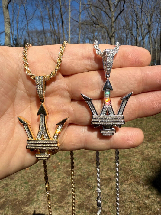 MOISSANITE Real 925 Silver/Gold Iced Maserati Logo Trident Pendant Necklace Imported from eBay HarlemBling