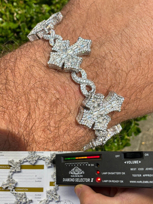 MOISSANITE Real Heavy 24mm 3D Gothic Cross Link Hip Hop Bracelet Iced 925 Silver Imported from eBay HarlemBling