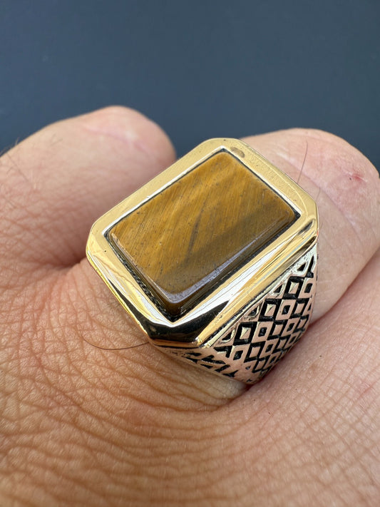 Mens Real Solid 925 Sterling Silver & 10k Gold Tigers Eye Gemstone Square Ring CLOSEOUT DEALS HarlemBling