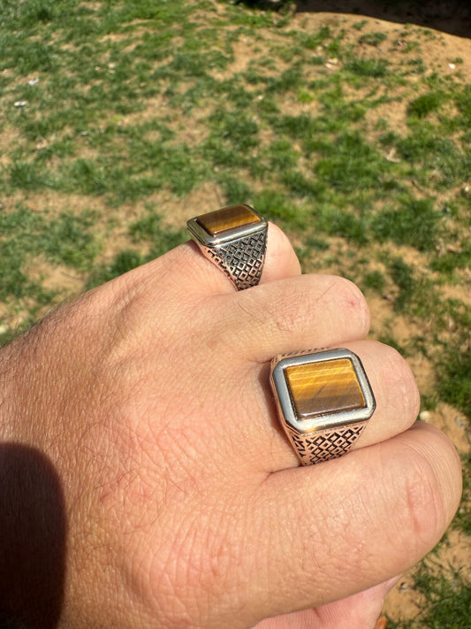 Mens Real Solid 925 Sterling Silver & 10k Gold Tigers Eye Gemstone Square Ring CLOSEOUT DEALS HarlemBling