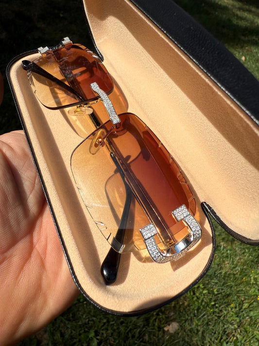 Real 925 Silver Big C VVS MOISSANITE Light Brown Sunglasses - Iced Buffs Glasses EVERYDAY ESSENTIALS HarlemBling