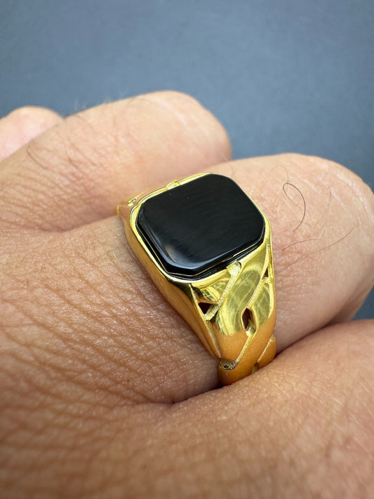 Real Black Onyx Gemstone Mens Solid 14k Gold Over 925 Silver Cuban Link Ring Imported from eBay HarlemBling