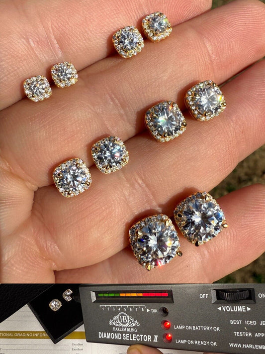 Real Moissanite Square Halo Stud Earrings 14k Gold 925 Silver HipHop Mens Ladies Imported from eBay HarlemBling