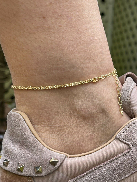 Ankle Bracelet 3mm Sparkle Rope Anklet 14k Gold Over 925 Silver 8-11.5 ITALY