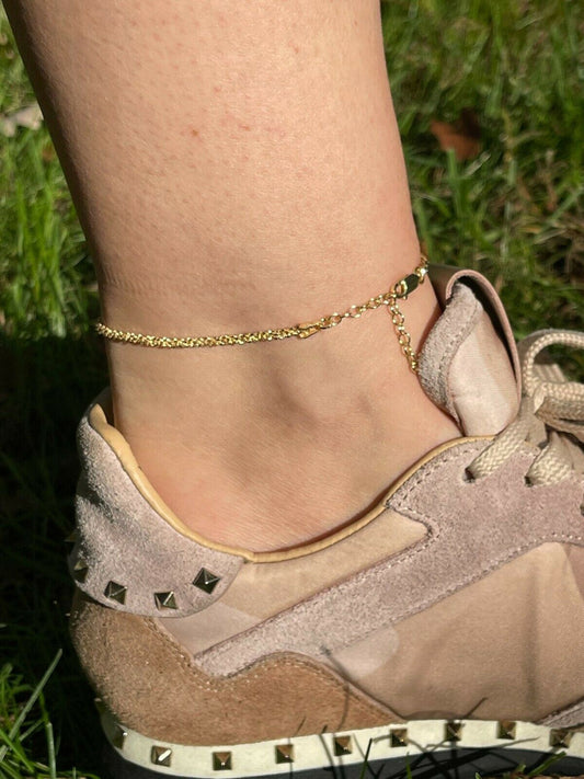 Ankle Bracelet 3mm Sparkle Rope Anklet 14k Gold Over 925 Silver 8-11.5 ITALY