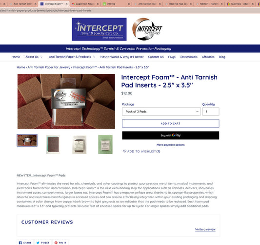 Anti Tarnish Intercept Foam Pads Pack Of 2 Keeps 30 Sq Feet Area Tarnish Free