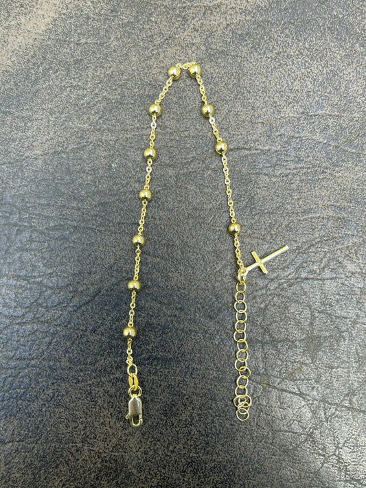 Beaded Ankle Bracelet Rosary Cross Anklet 14k Gold Vermeil 925 Silver 8-11.5