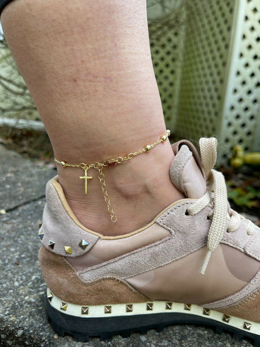 Beaded Ankle Bracelet Rosary Cross Anklet 14k Gold Vermeil 925 Silver 8-11.5