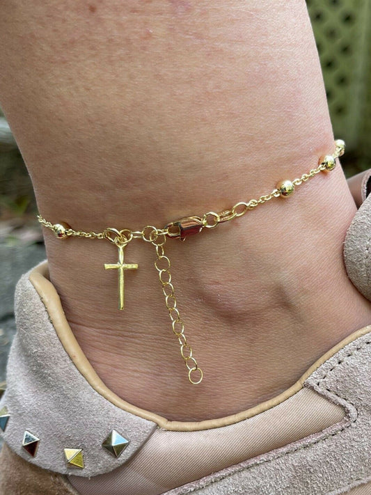 Beaded Ankle Bracelet Rosary Cross Anklet 14k Gold Vermeil 925 Silver 8-11.5