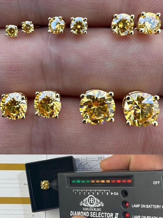 Canary Yellow Moissanite Screwback Stud Earrings 14k Gold Vermeil 925 Silver 3-8mm Diamond Tester