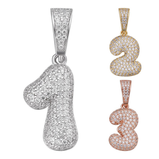 HarlemBling 0-9 Bubble Numbers Iced Out Pendant - 14k Yellow/Rose Gold Vermeil Or 925 Silver - CZ Stones - Small 1"
