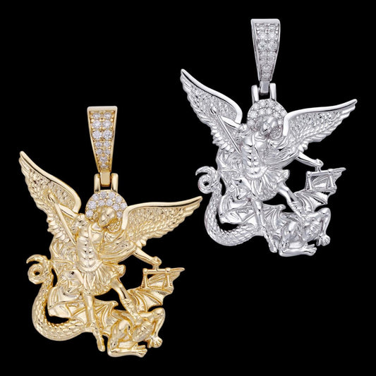 HarlemBling 0.17ct Real Diamond Saint Michael Archangel Slaying Dragon Pendant - 14k Yellow Gold Vermeil Or 925 Silver - Small 1.33"