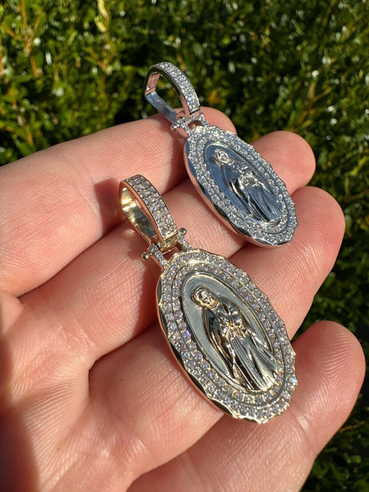 HarlemBling 1.55ct Real Diamond Virgin Mary Pendant 925 Silver Necklace Medallion Pendant