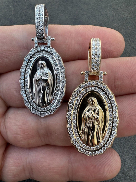 HarlemBling 1.55ct Real Diamond Virgin Mary Pendant 925 Silver Necklace Medallion Pendant