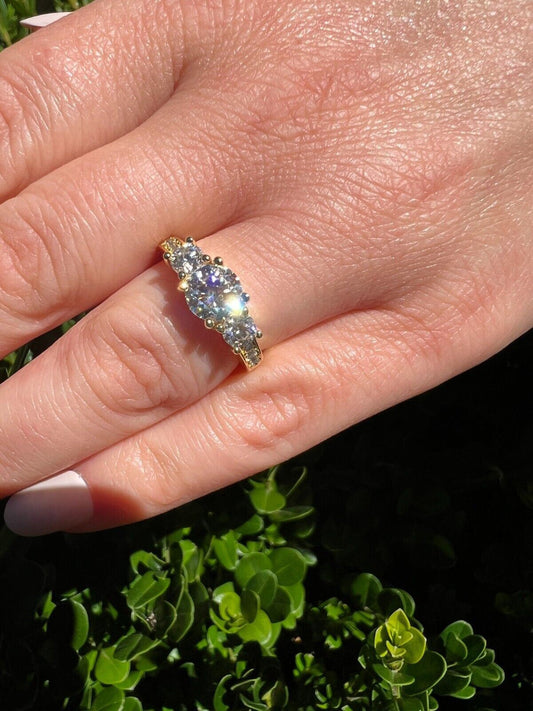 HarlemBling 1.7ct Moissanite Promise Engagement Ring 14k Gold Plated 925 Silver Three Stone