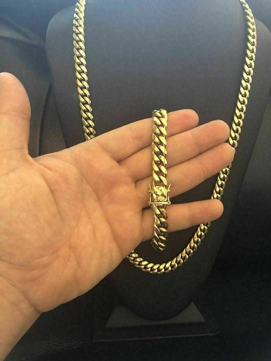 HarlemBling 10mm Mens Miami Cuban Link Bracelet and Chain Set 14k Gold Plated Stainless Steel