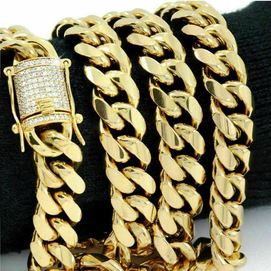 HarlemBling 14K-18K Gold Plated Stainless Steel Cuban Link Chain W 1ct Diamond Clasp