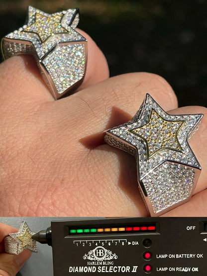 HarlemBling 14k Gold and 925 Silver Iced Hip Hop STAR Pinky RING MOISSANITE Pass Diamond Test